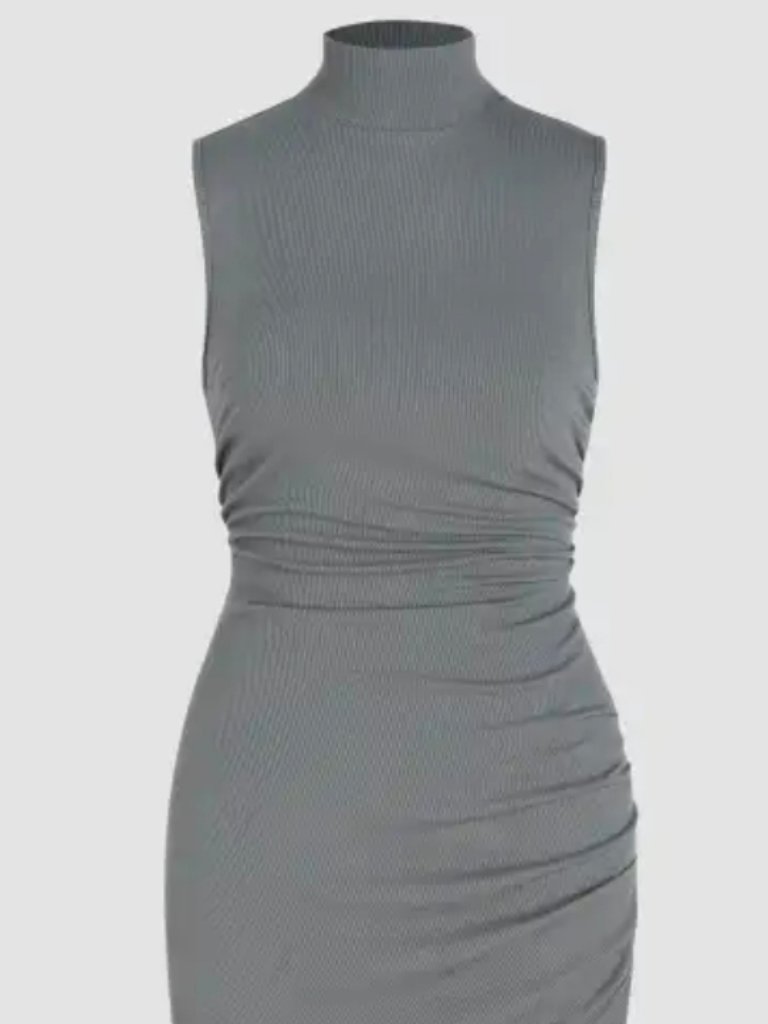 Cider Mock Neck Ruched Slit Midi Dress